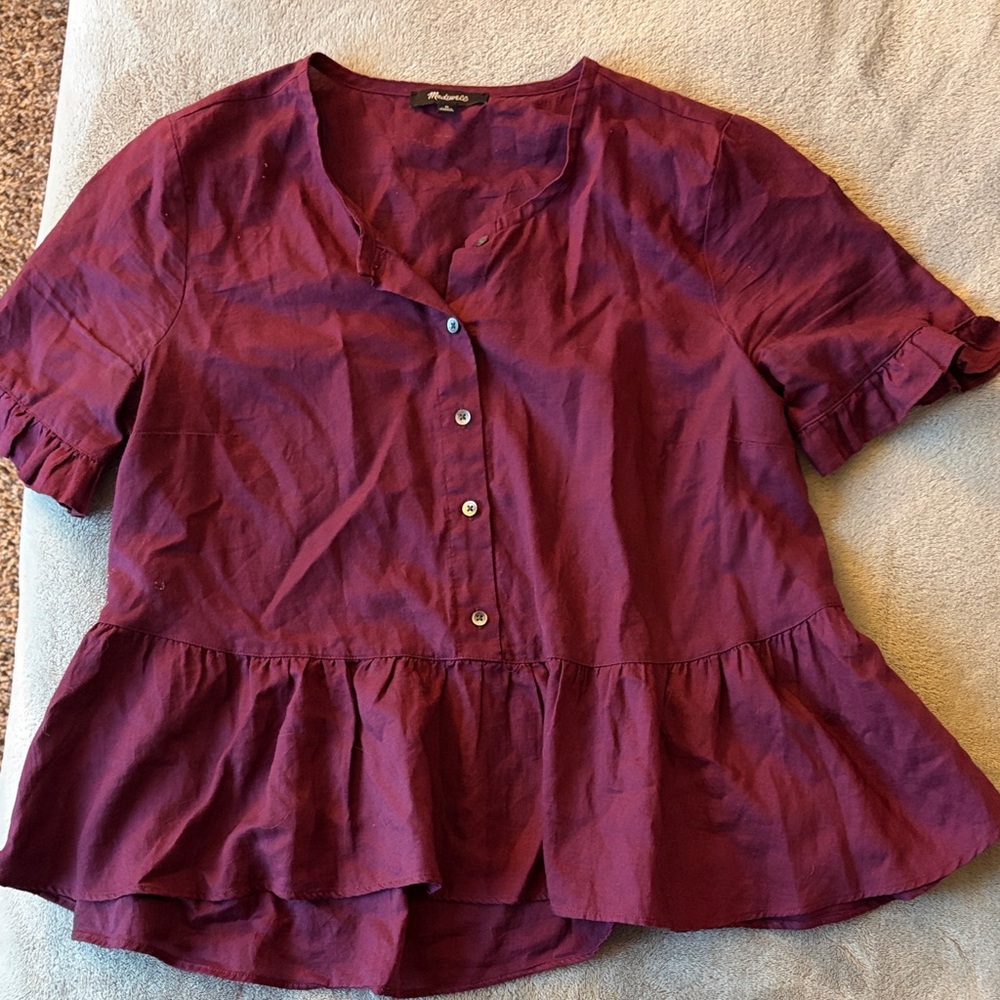 Madewell Burgundy Button-Down Peplum Blouse